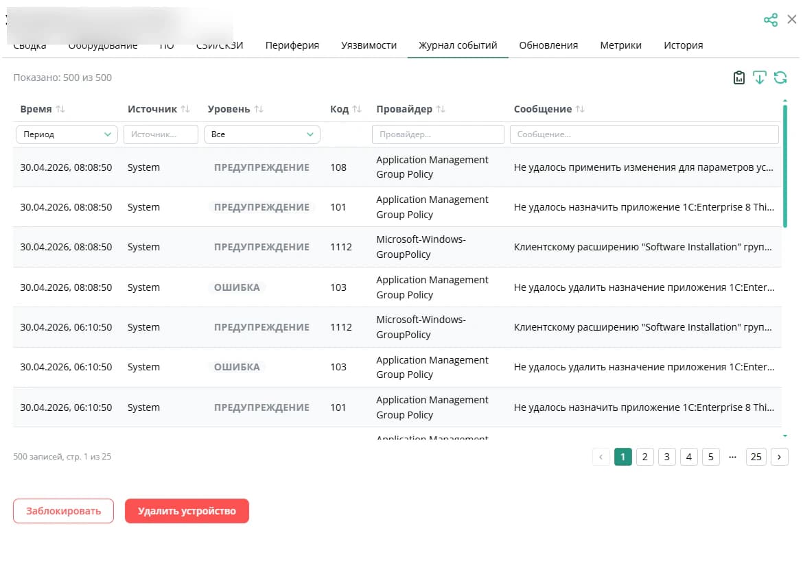 Журнал событий операционной системы рабочей станции в системе мониторинга КиберОснова